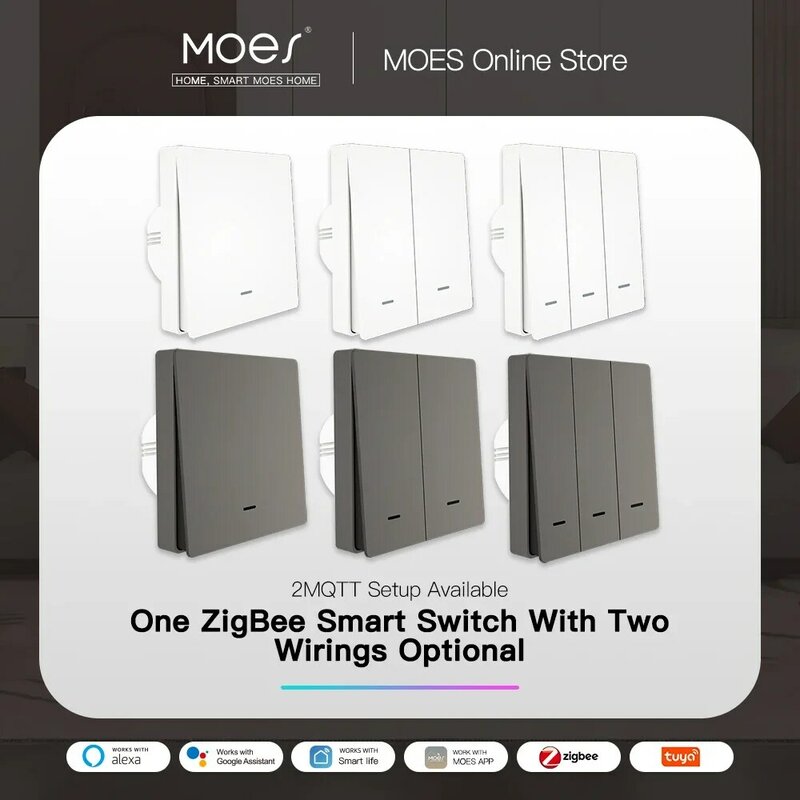 MOES Smart Light Switch Tuya ZigBee No Neutral Wire No Capacitor Needed Smart Life 2/3 Way Works with Alexa Google Home 2mqtt