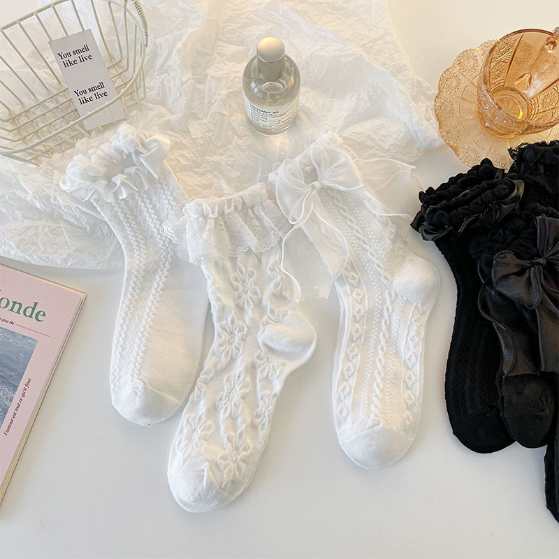 ロリータ-女の子のためのミディアムボウソックス,柔らかい綿,通気性のあるカジュアルソックス,黒と白