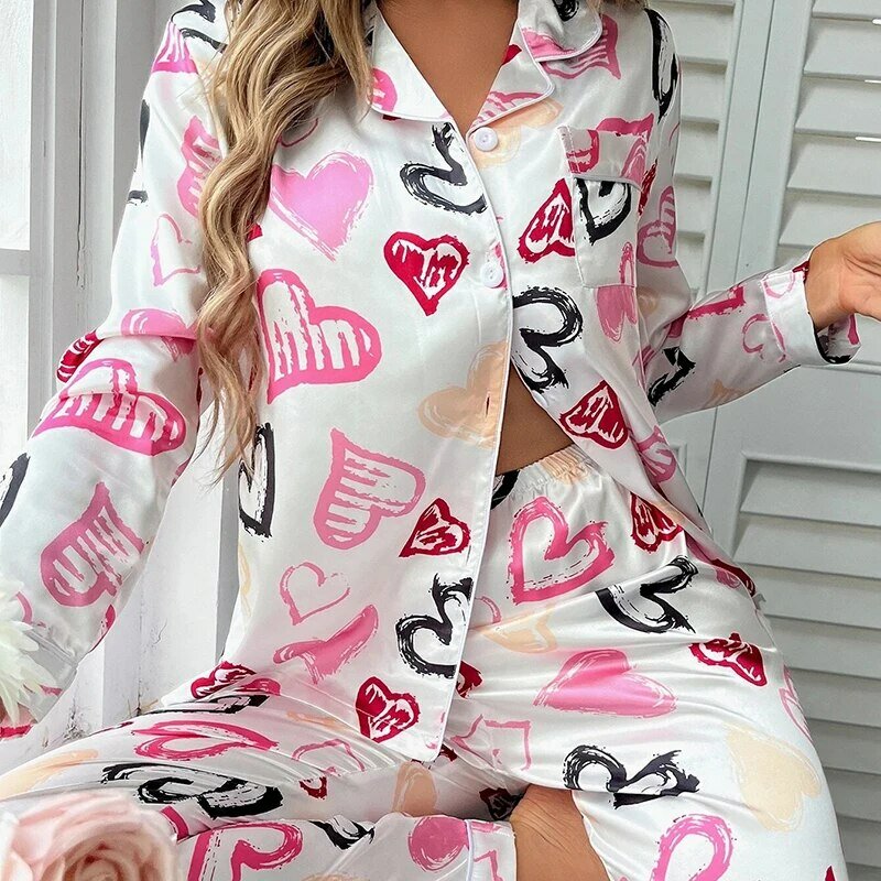 女性のハートプリントボタンアップパジャマセット、パンツ付き長袖トップス、パジャマ、ラウンジウェア、Pjs、春
