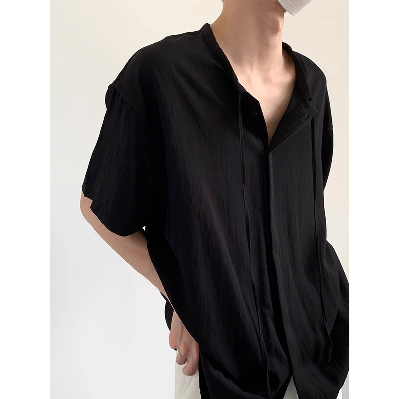 Camisas finas de manga corta para hombre, camisa informal de moda coreana, cuello redondo, Color sólido, suelta, con botones de Yoga, novedad de verano 2024