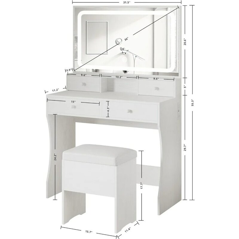 Vanity Desk Set con specchio illuminato a LED e presa di corrente, tavolo da trucco con 4 cassetti, panca portaoggetti, per camera da letto, bagno