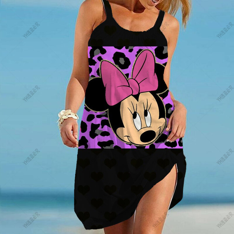 Disney Mickey Mouse Print Women's Dress Retro Women's Beach Dress Strap Sexy Sleeveless Dress Bohemian Girls Street Evening Dres