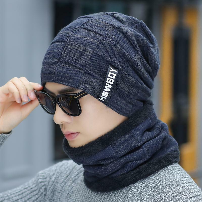 قبعة الرجال الشتاء الدفء سميكة وموصوفة النسخة الكورية الدراجات محبوك قبعة من الصوف طالب البلوز عقال قبعة