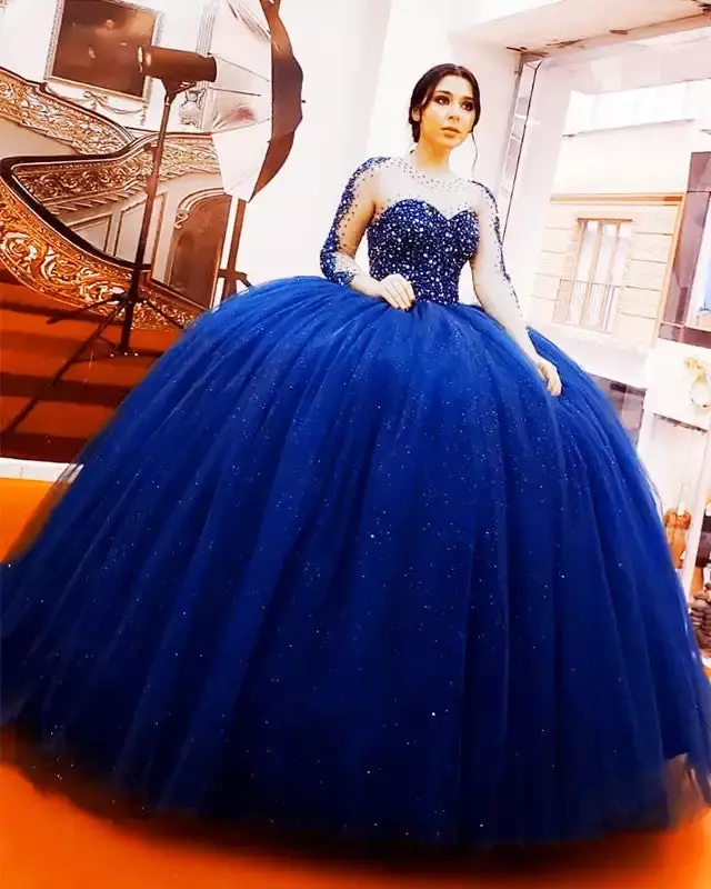 Blue Long Sleeves Quinceanera Dresses Luxury Beading Ball Gown Princess Vestidos De 15 Anos Masquerade Birthday Party Gowns