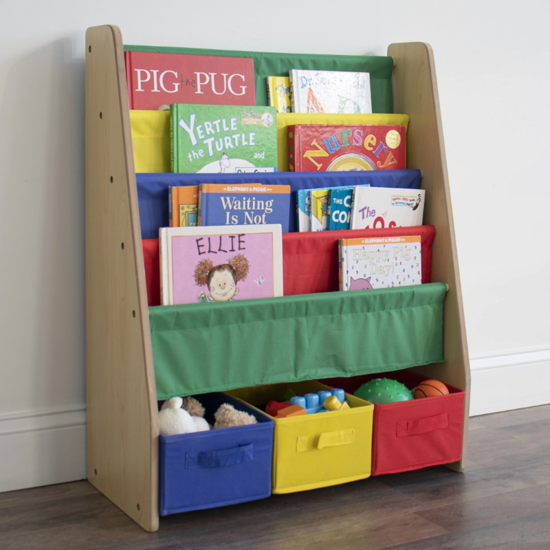 2023 nuova libreria per bambini con 4 ripiani e 3 contenitori in tessuto, legno naturale/primario