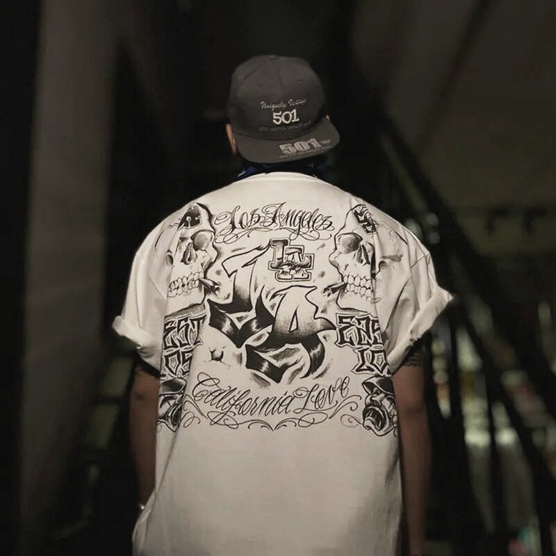 Men T-shirt Skull Print Harajuku Streetwear O-neck Short Sleeve Tops Male Graffiti Letter Cargo Hip Hop Casual