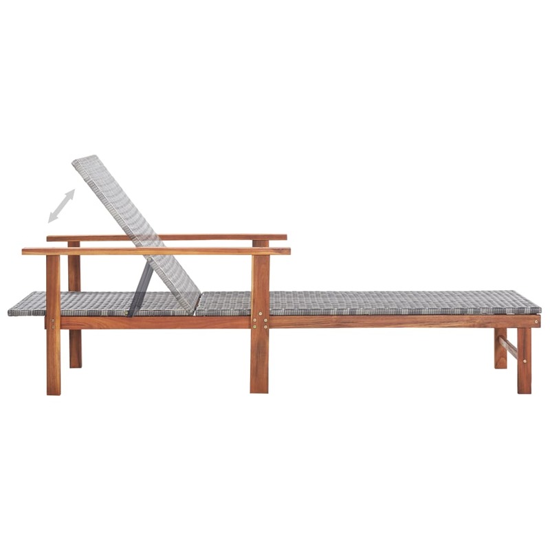Leżak, poli Rattan i solidne drewno akacjowe krzesło na zewnątrz, meble ogrodowe szary 200x55x56 cm