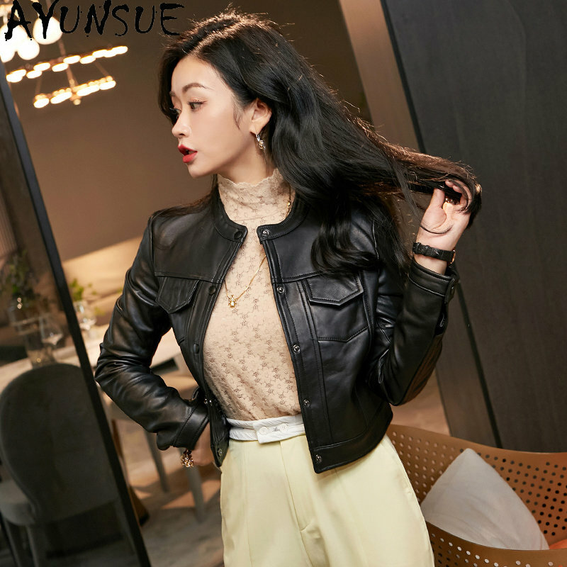 AYUNSUE Real Leather Jacket for Women 2023 Short Natural Sheepskin Leather Coat Slim Genuine Leather Jackets Women's Clothing