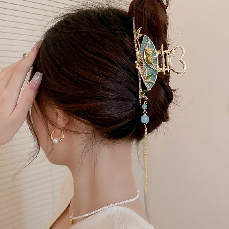 Chinesische Art Strass Fan Haar Kralle Perlen Quaste tropft Öl Hanfu Haar Zubehör Geometrie Kopf bedeckung Retro Hai Clip