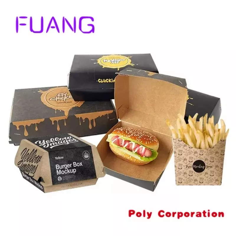 Niestandardowy projekt calowy jednorazowy mini karton na wynos pudełko z papieru typu kraft do fast food frytki hamburger burger opakowanie b
