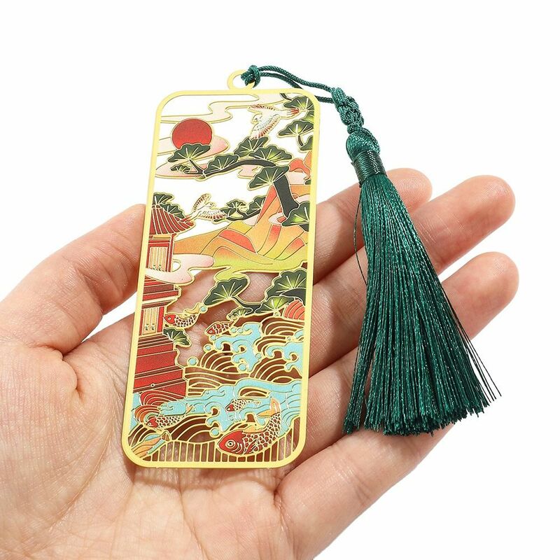 С подвеской-кисточкой, вырезанная Закладка в китайском стиле, вырезанная в китайском стиле, оформление под золото, металлическая закладка для чтения