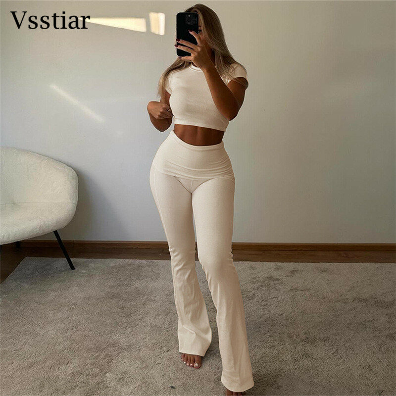 Vsstiar Women Casual Two Piece Set Summer Short Sleeve O Neck Shirt Top Solid High Waist Pants Fashion Knitted Matching Suits