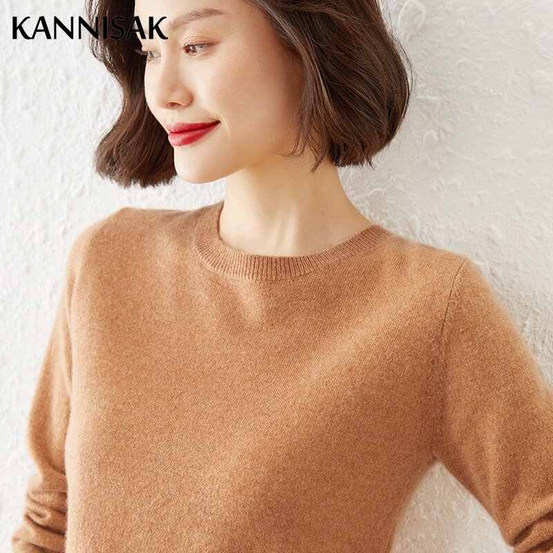 Suéter de cachemira con cuello redondo para mujer, jerseys sólidos, camisa de fondo delgada, suéter básico informal de manga larga, Otoño e Invierno