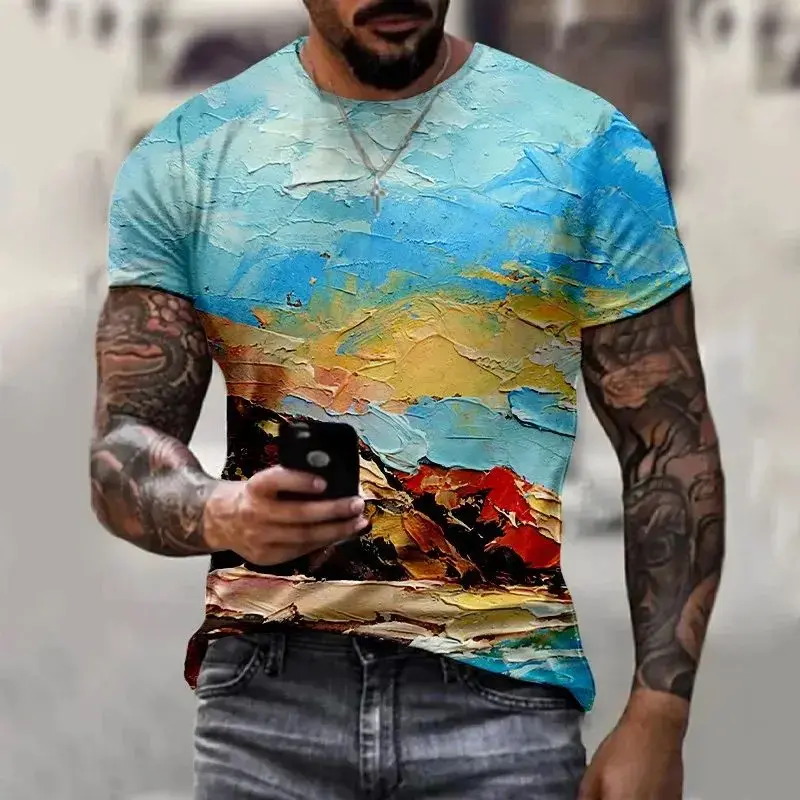 Camiseta con cuello redondo para hombre, estilo de pintura al óleo, impresión 3D, color de moda informal, estilo Harajuku, manga corta
