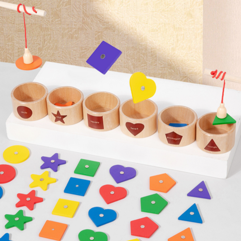 Mainan edukasi anak-anak, permainan edukasi edukasi dini, permainan memancing kognisi geometris, cangkir klasifikasi warna magnetik kayu untuk anak-anak