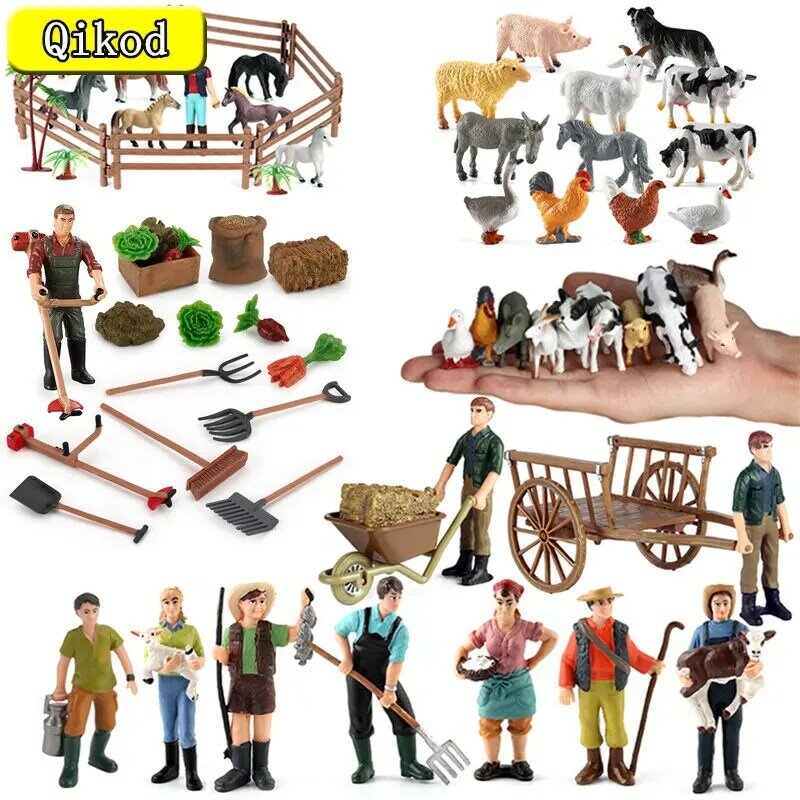Simulated Farm Character Animal Figurine Breeder Fence Tools Cock Horses Solid Plastic Action Figures Kids Farm Toy Collection