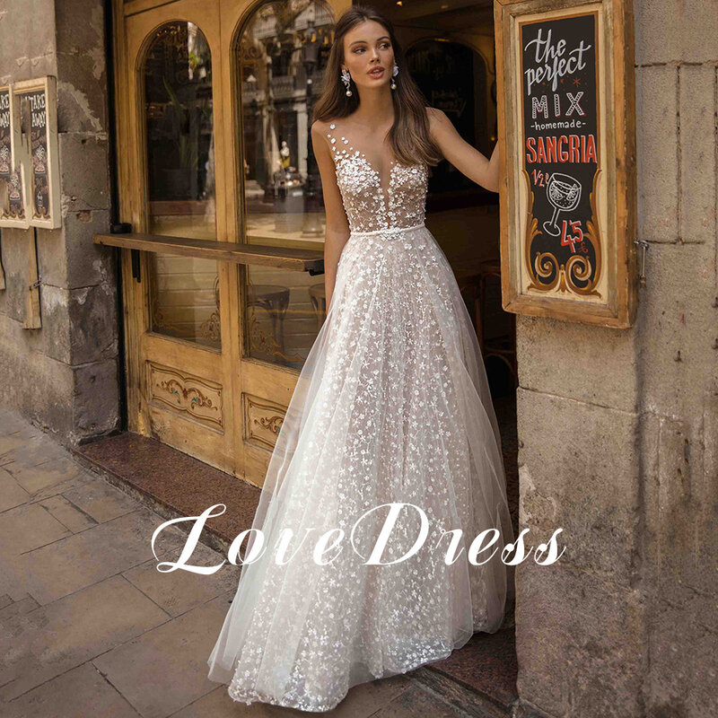 Modern Sheer V-Neck Wedding Dress Sleeveless Lace Appliques Bow Boho Illusion Backless Bride Gown A-Line Train Robe de Mariée