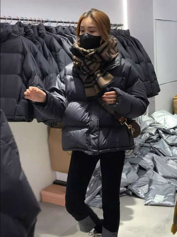 여성용 블랙 숏 다운 재킷, 두꺼운 루즈 화이트 덕 다운 빵 코트, 하이 퀄리티 코트, 2023 신상
