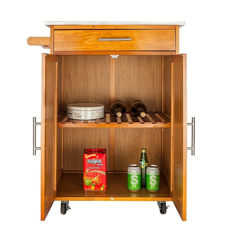 1pc, Ubesgoo Moveable Kitchen Cart With Stainless Steel Table Top & One Drawer & One Cabinet Sapele
