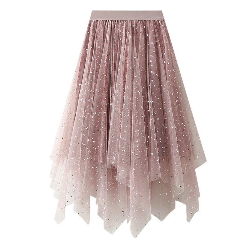 Женская трапециевидная фатиновая юбка миди с эластичным поясом юбки с высокой талией Сетчатое платье Однотонная юбка из асимметричной пряжи