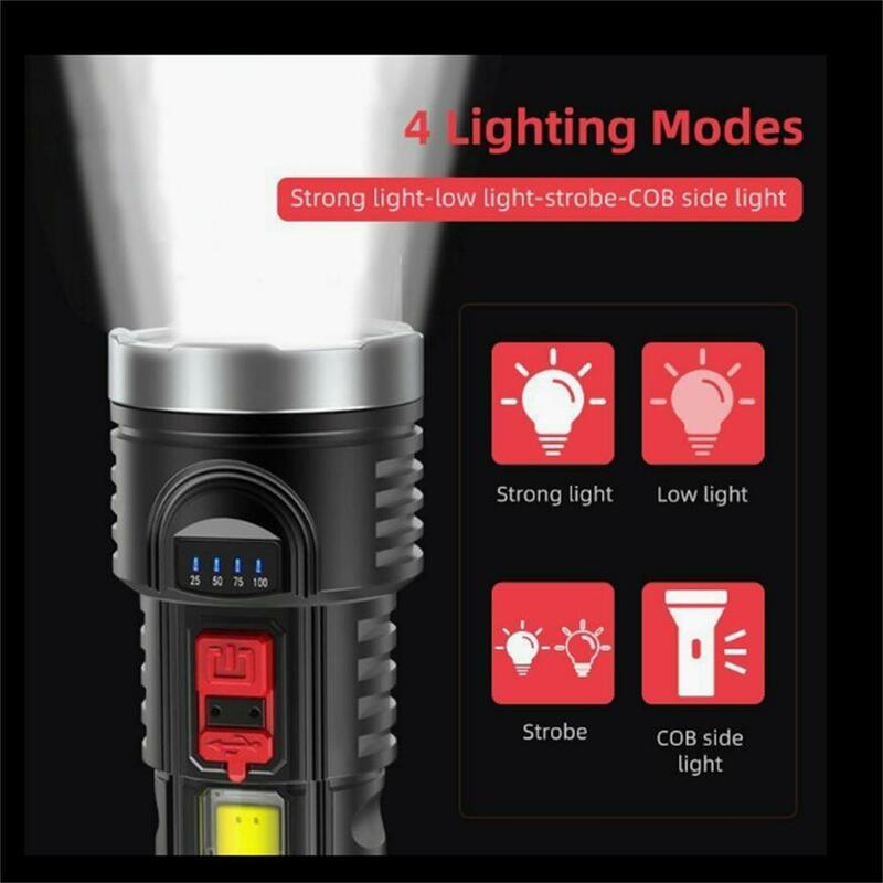 Flash luz de alta potência super brilhante lanterna ao ar livre multi-função led de longo alcance spotlight bateria display cob atacado