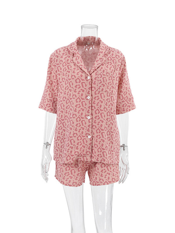 Marthaqiqi-Conjunto de pijamas com estampa leopardo feminino, pijamas com gola virada para baixo, camisolas de manga curta, shorts, terno de camisola, verão