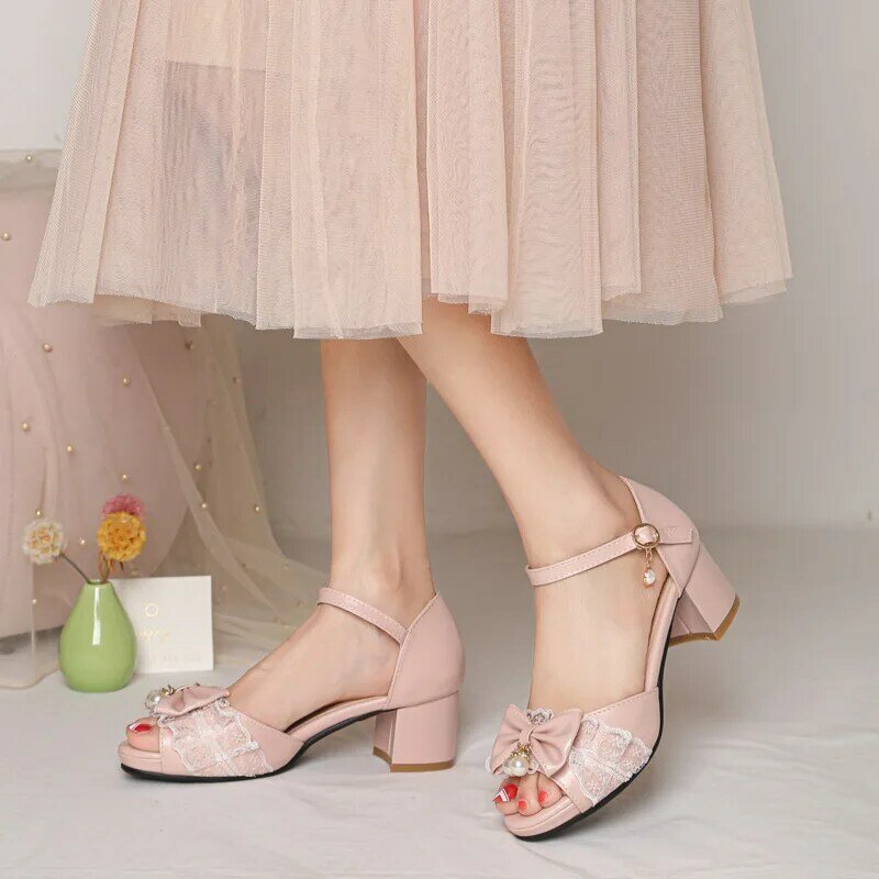 Sandal Anak-anak 32-43 Sandal Hak Tinggi Jari Terbuka Musim Panas Wanita Mode Mutiara Busur Renda Sepatu Pesta Pernikahan Putri