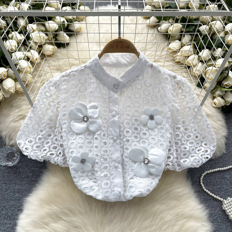 Retro Puff Sleeve lace Three-dimensional flower  Blouse Slim Sexy Shirt Women Gothic  summer Fashion Crop Top