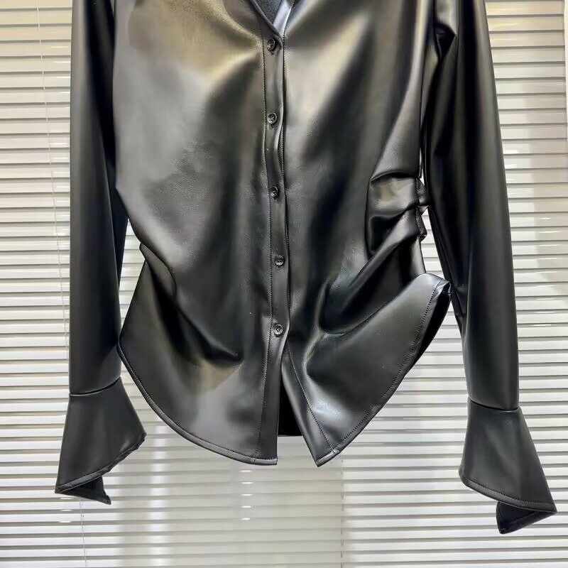 Autumn and Winter Sexy V-neck PU Leather Women Shirts And Blouses Elegant Office Ladies Shirt Tops Long Sleeve Fold Blouses 2023
