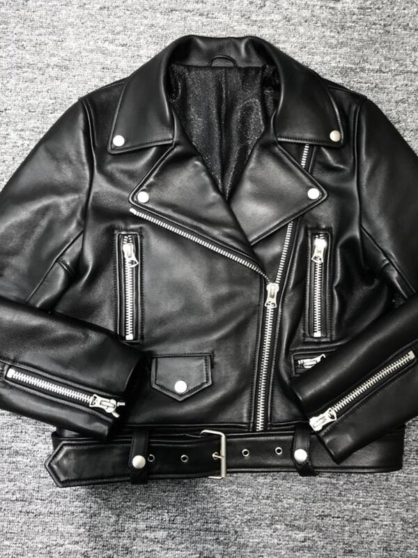 FTLZZ — Veste en similicuir PU pour femme, blouson, vêtement d'extérieur avec ceinture et fermeture éclair de couleur noire, punk, automne
