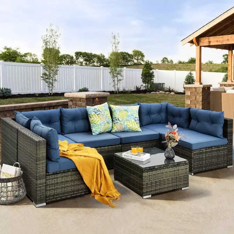 7 Pieces Patio Furniture Set All-Weather PE Rattan Conversation Set Outdoor Sectional Sofa Wicker Outside Couch with Table