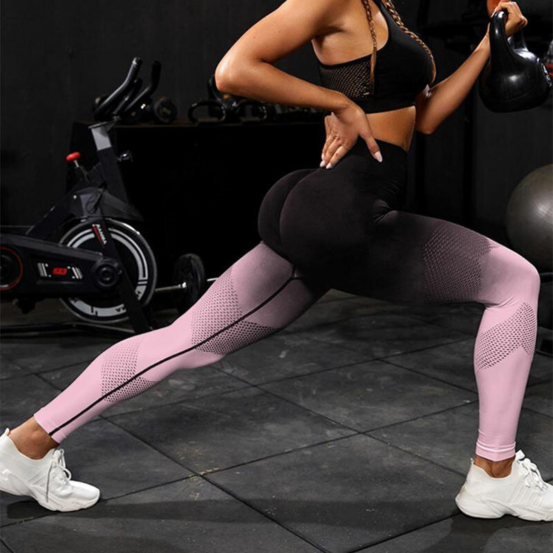 Hollow Out Gradient Yoga Pants Women Seamless Leggings Gym Workout Tights High Waist Mesh Legging Women Sport Pants For Fitness