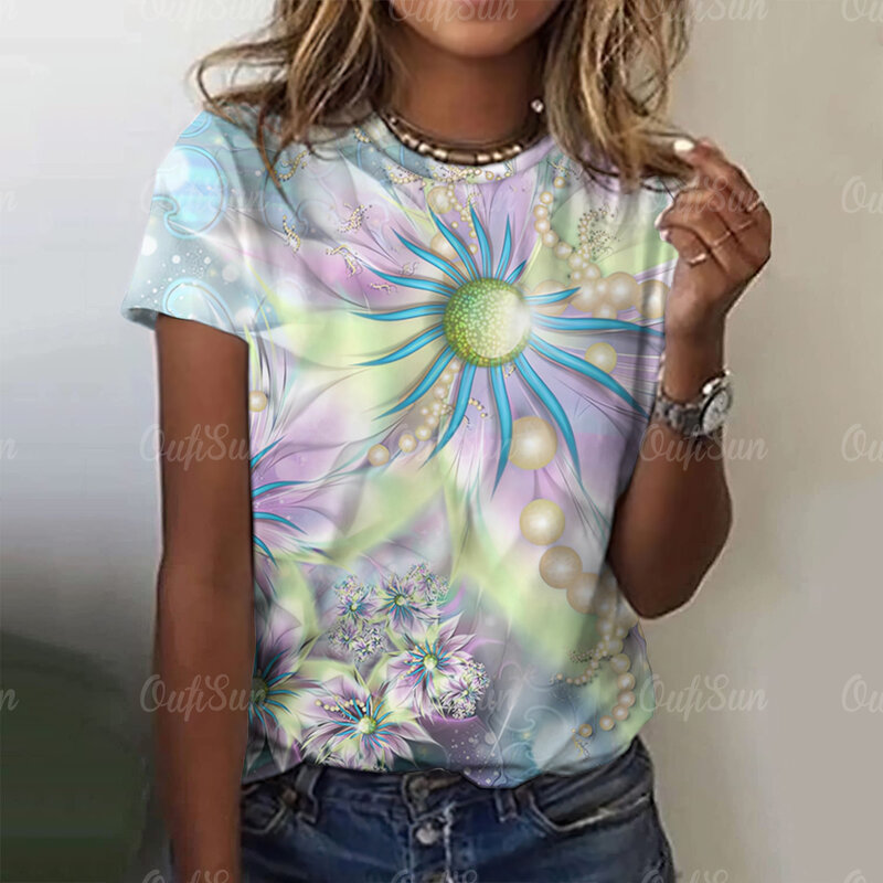 2024 Модные женские футболки с абстрактным цветочным принтом, Повседневный пуловер, летняя свободная футболка с коротким рукавом, модная женская одежда