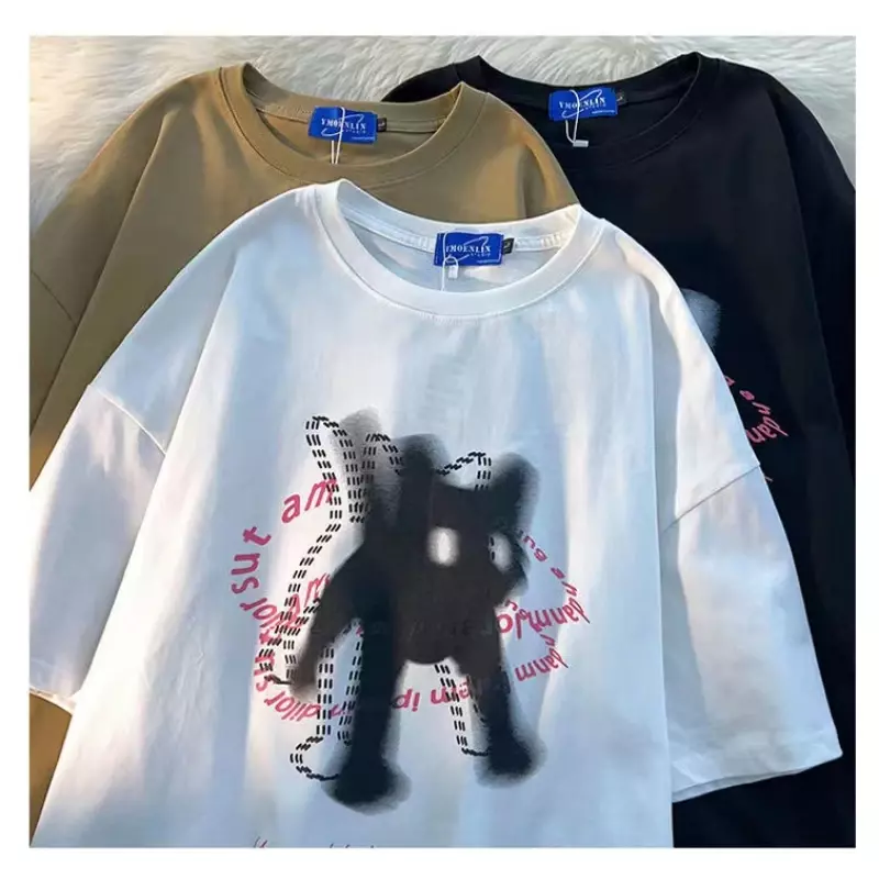Camiseta de manga curta feminina, design bonito com estampa de gato, gola O, versátil, top Y2K solto, tendência fashion para casal, Ins, Novo, 2023