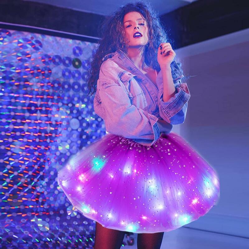 Women LED Skirt Halloween Cosplay Women Star Sequins Mesh Pleated Tulle Princess Skirt A-line Loose Hem Lace Club Dance Party