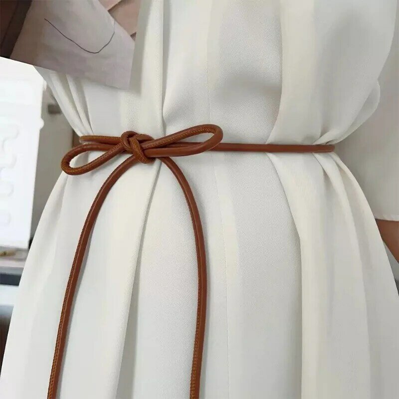 Ремень женский тонкий, простой круглая кожаная веревка, модный винтажный пояс-лента для платьев, повседневное украшение