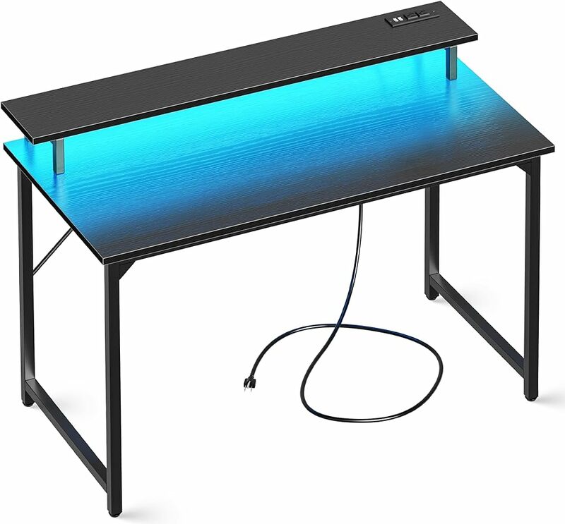 SUPERJARE 47 inch Computer Desk with LED Lights & Power Outlets, Home Office Desk with Monitor Shelf, Small Des