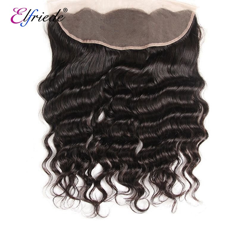 Elfriede bundel gelombang besar longgar hitam alami dengan lapisan depan 100% rambut manusia 3 bundel dengan renda Frontal 13x4