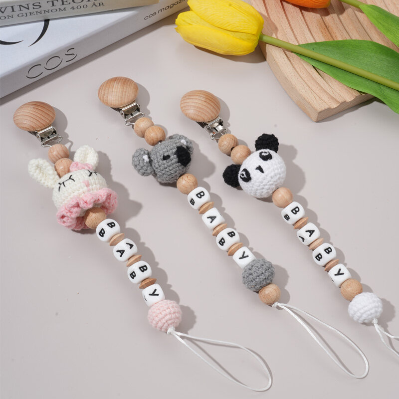 Nome personalizado do bebê Crochet Animal urso anel Clipes de chupeta Correntes de dentição seguras Mordedor ecológico Suporte de clipes de faia manequim