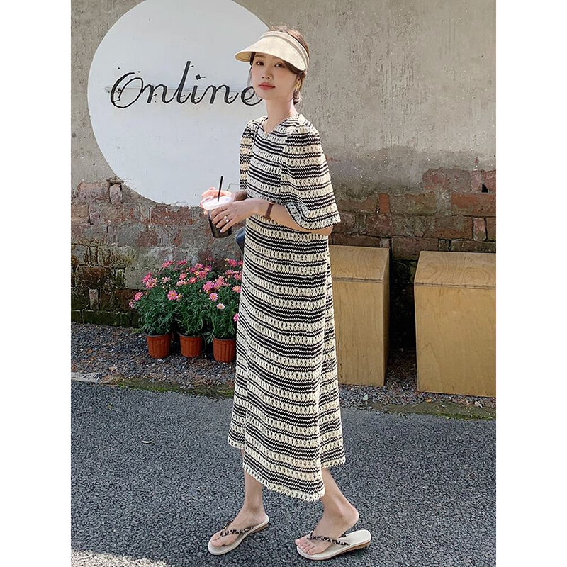 Fashion O-Neck Knitted Hollow Out Striped Casual Dresses Female Clothing 2024 Summer New Loose Short Sleeve All-match Midi Dress
