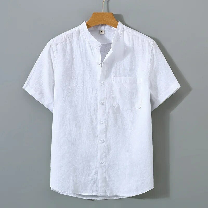 男性用の単色半袖シャツ,通気性のある上質な服,ゆったりとした純粋なリネンのトップス,カジュアル,夏,lh048