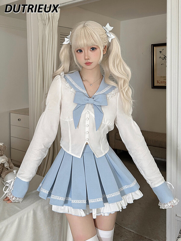 Sweet Girl Blue White Color Block Preppy Style Sailor Suit Long Sleeve Waist JK Uniform Shirt and Short Pleated Skirt
