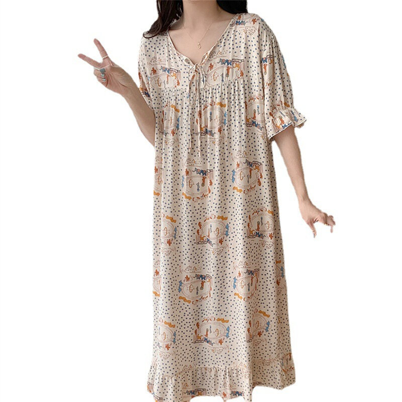 Women Large Size Long Nightdress Print Summer Thin Pajamas Loose Casual Breathable Viscose Sleepwear Home Dress Ladies Homewear