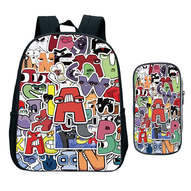 Alphabet Game Lore Backpack, Pen Bag, Kids Maternelle Bookbag, Funny Letter Print Backpack, Preschool Boys and Girl, 2Pcs Set