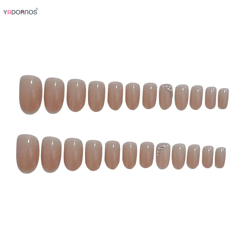 Nude Color Press on Nails with Diamond Designed Short Round Head Fake Nails Full Cover Wearable False Nails Tips for Women 24Pcs