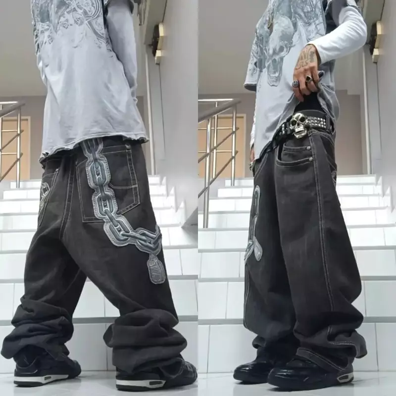 Vintage Baggy Jeans mit Stickerei hoch taillierte breite Hose Streetwear Harajuku Retro Hip Hop Gothic Y2K neu