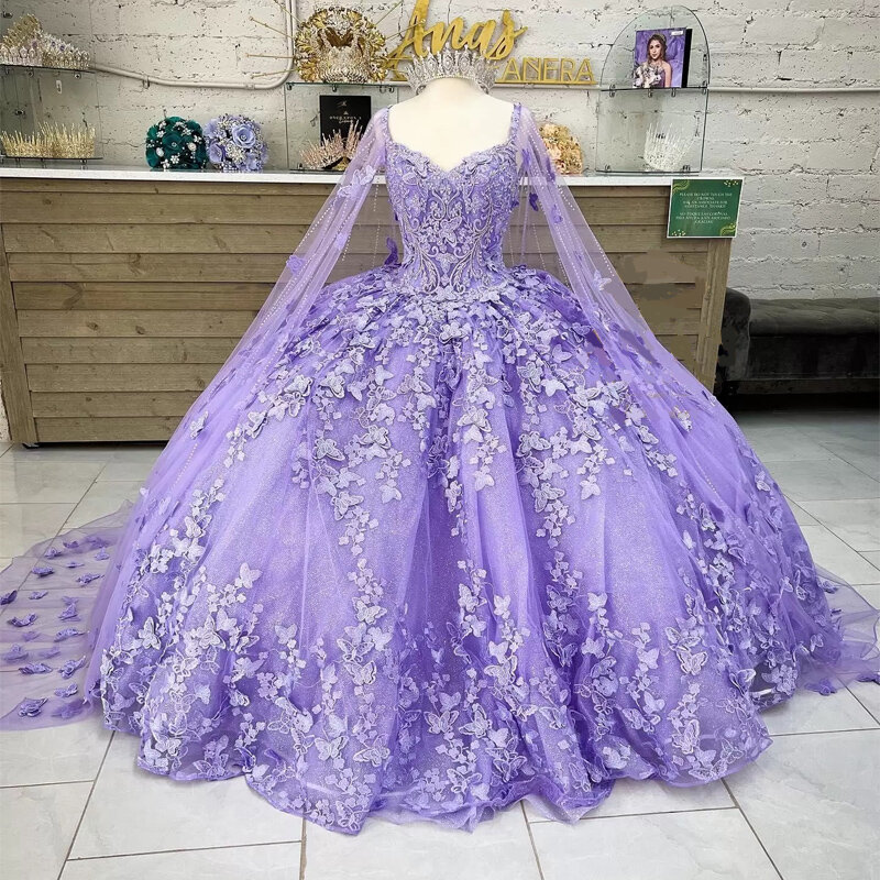 Lorencia Lilac Lavender Butterfly Quinceanera Dresses With Cape Lace Sweet 16 Dress Mexican Prom Gown Vestidos De XV Anos YQD286
