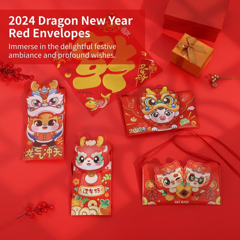 럭키 머니 홍바오 만화 디자인 중국 빨간 봉투, 새해 빨간 봉투, 2024 용년 용수철 축제, 4 개
