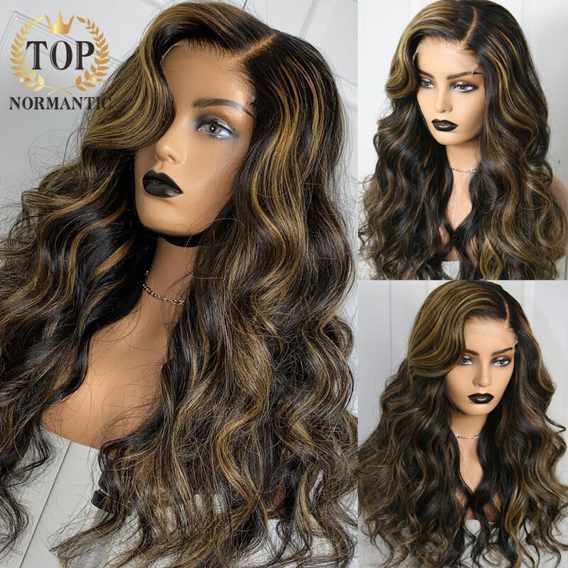 Topnormantic-Peluca de cabello humano Remy brasileño para mujer, postizo de encaje frontal 13x4 con línea de pelo prearrancada, Color resaltado, ondulado