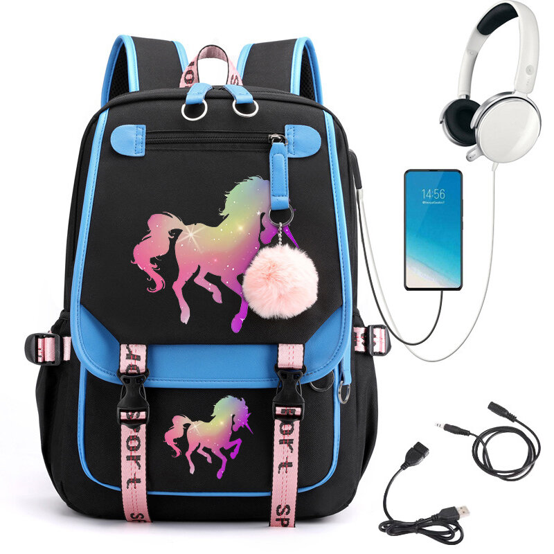 Cute Cartoon Horse School Bag for Teenager Girls Backpack Horse Anime Cartoon Bagpack Student Backpack Usb Charging Mochila